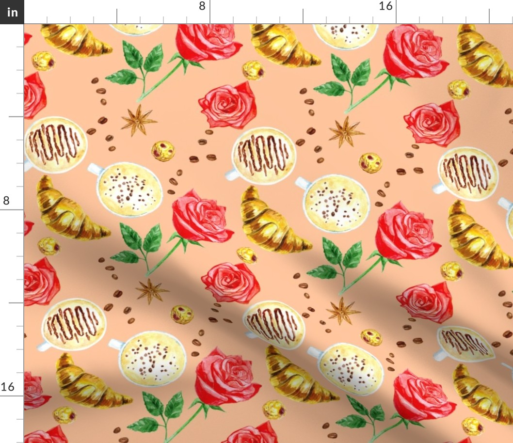croissant_ coffee_ roses pattern 4