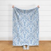 Lobster and Seaweed Nautical Damask - white, cornflower blue - large scale