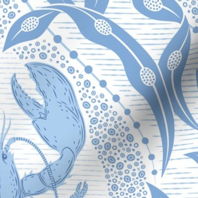 Lobster and Seaweed Nautical Damask - white, cornflower blue - large scale
