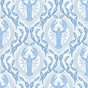 Lobster and Seaweed Nautical Damask - white, cornflower blue - medium scale