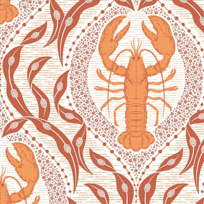 Lobster and Seaweed Nautical Damask - white rust orange brown -large scale