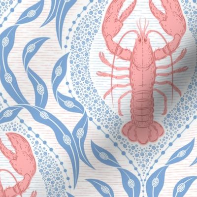 Lobster and Seaweed Nautical Damask - white, coral pink, cornflower blue-medium scale