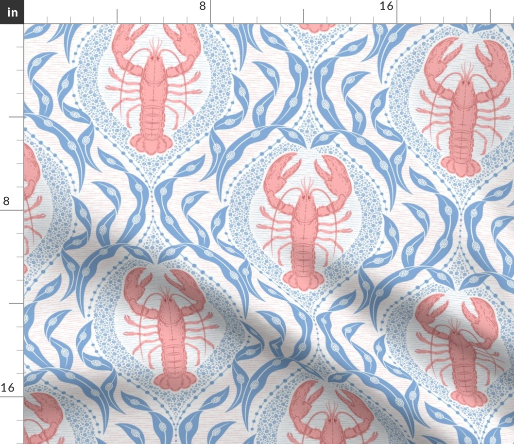 Lobster and Seaweed Nautical Damask - white, coral pink, cornflower blue-medium scale