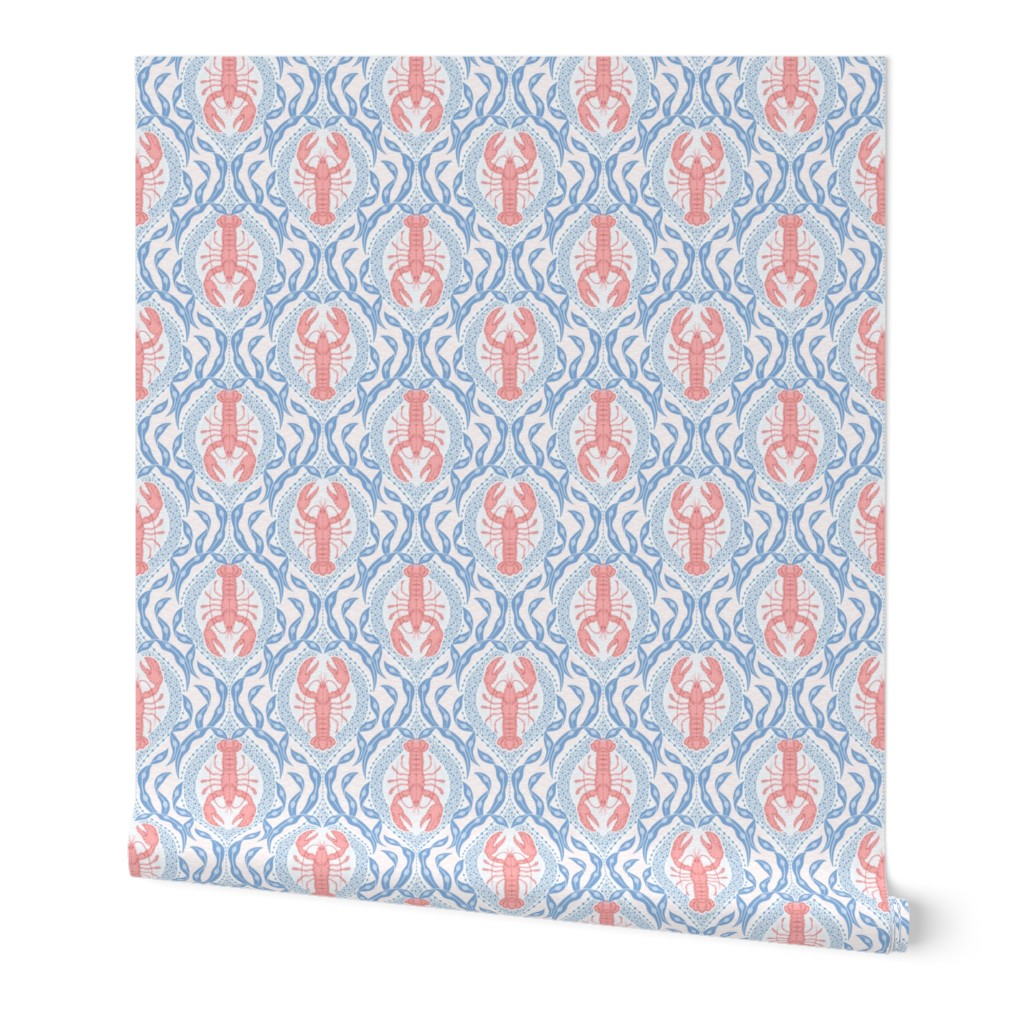 2 directional - Lobster and Seaweed Nautical Damask - white, coral pink, cornflower blue - small scale