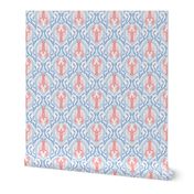 2 directional - Lobster and Seaweed Nautical Damask - white, coral pink, cornflower blue - small scale