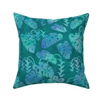 Monstera and Heliconia tie-dye -blue green