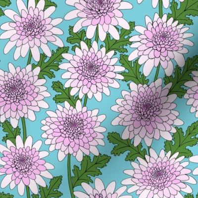 mauve chrysanthemum line drawing floral on aqua blue