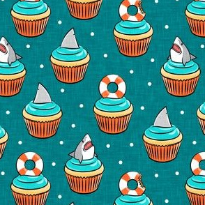 Shark cupcakes - great white shark birthday - teal - LAD21
