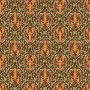 2 directional - Lobster and Seaweed Nautical Damask - brown, orange, green - small scale