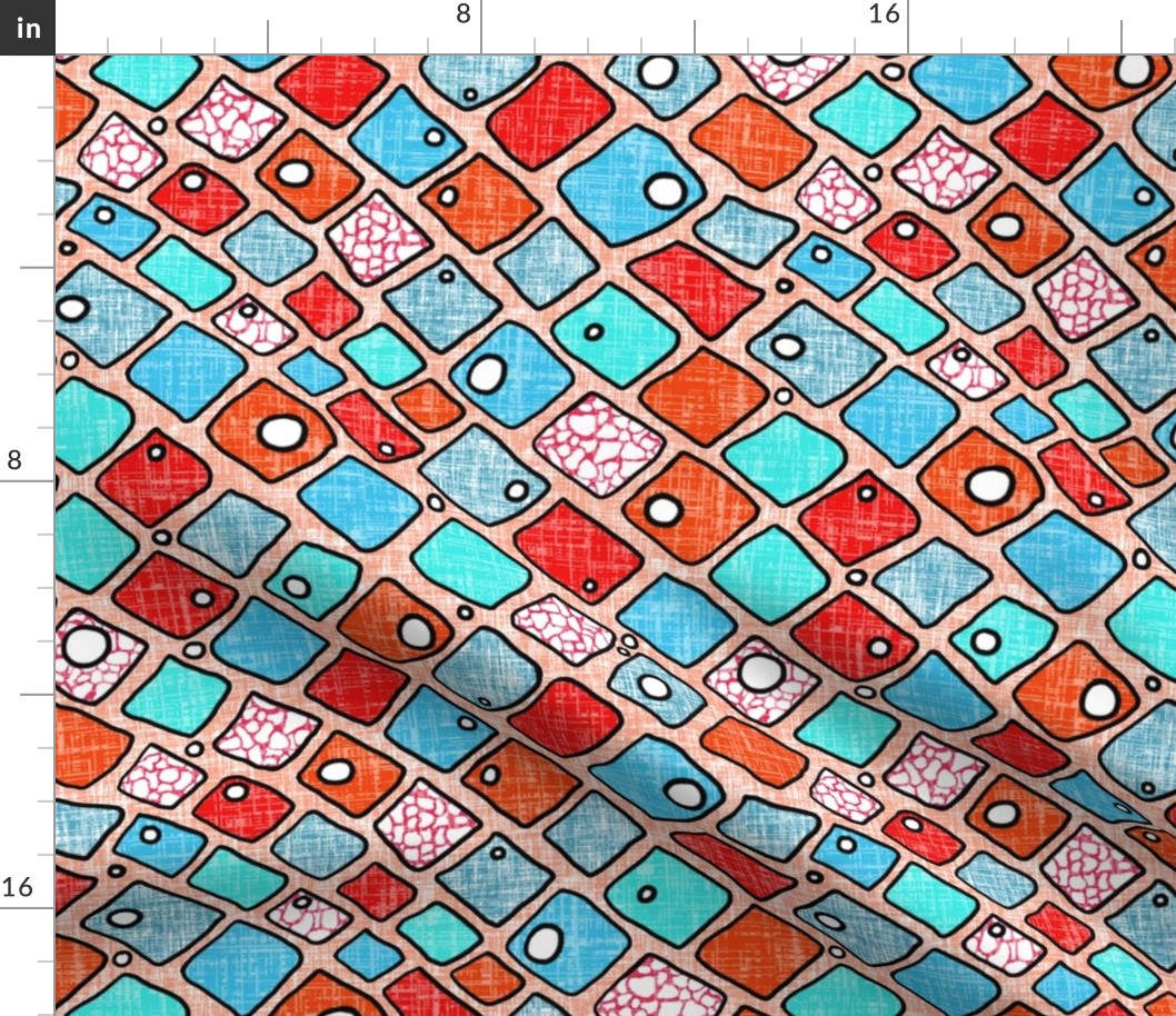 Turquoise, red + blue patches on red + white linen weave by Su_G_©SuSchaefer2021