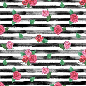 Roses on black and white striped background