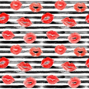 Kisses on black and white striped background