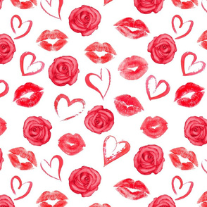 Romantic pattern with kisses red lips , roses and hearts