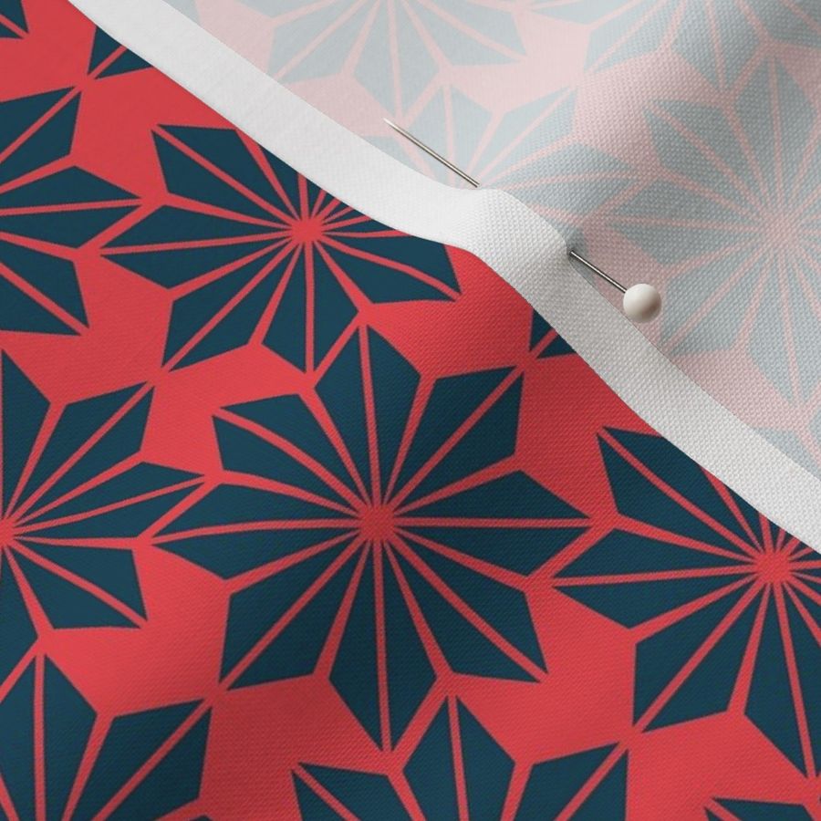 Geometric Floral in Blue on Bright Red - Medium