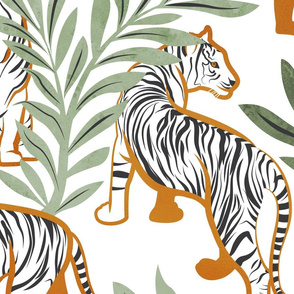 Large jumbo scale // Nouveau white tigers // white background olive green leaves orange lines white animals dark grey tiger stripes