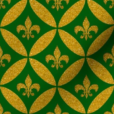 Fleur de Lis Harlequin Green Gold Faux Glitter