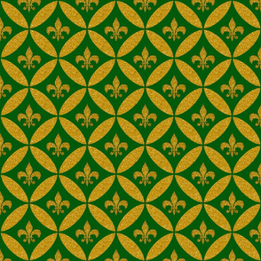 Fleur de Lis Harlequin Green Gold Faux Glitter