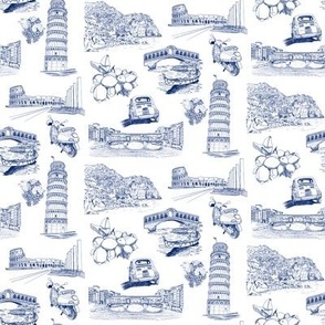 Italy Toile de jouy in blue ink on white