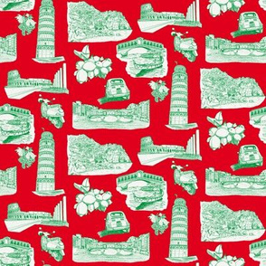 Italy Toile de Jouy red background with green ink