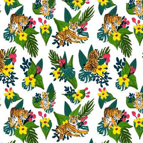 Tigers and tropical plants on white