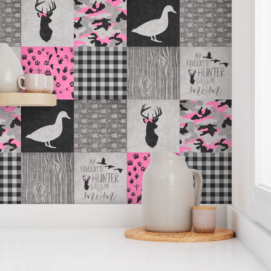 My favourite hunter calls me mom//Pink&Black - Wholecloth Cheater Quilt