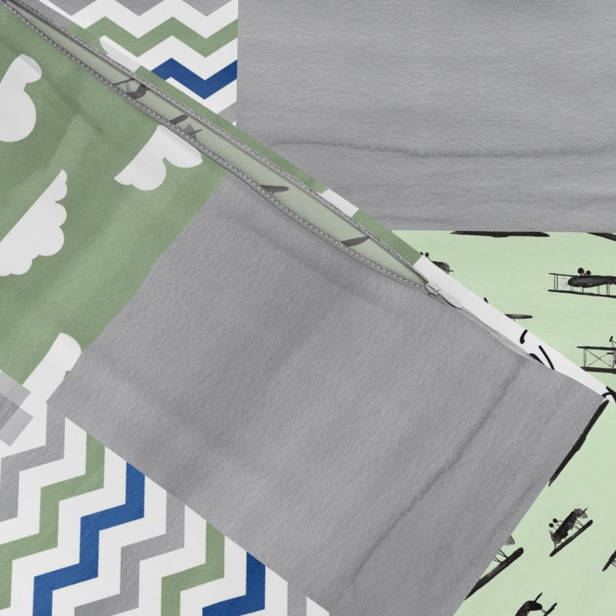 Oh the places you'll go//Retro Planes//Green&Blue - Wholecloth Cheater Quilt - Rotated