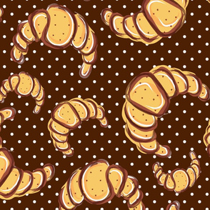 Seamless pattern of tasty croissants with poppy seeds on a background with dots