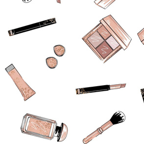 Pattern with cosmetics lipstick, eye shadows, powder, perfume, brushes, mascara on white background