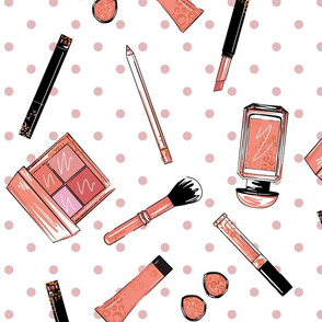 Pattern with cosmetics on white background with dots