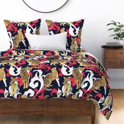 Large jumbo scale // Love the wild fishing cat // navy blue background with rococo inspiration red vegetation golden spotted animals