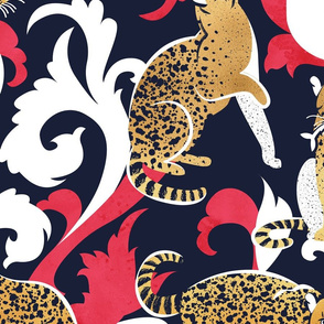Large jumbo scale // Love the wild fishing cat // navy blue background with rococo inspiration red vegetation golden spotted animals