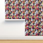 Normal scale // Love the wild fishing cat // navy blue background with rococo inspiration red vegetation golden spotted animals