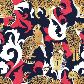 Normal scale // Love the wild fishing cat // navy blue background with rococo inspiration red vegetation golden spotted animals