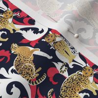 Tiny scale // Love the wild fishing cat // navy blue background with rococo inspiration red vegetation golden spotted animals