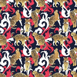 Tiny scale // Love the wild fishing cat // navy blue background with rococo inspiration red vegetation golden spotted animals