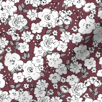 Romantic english rose garden and wild flowers boho summer design berry maroon white