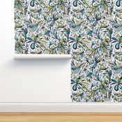 Floral Doodles Seamless Repeat Pattern in Blue and Green