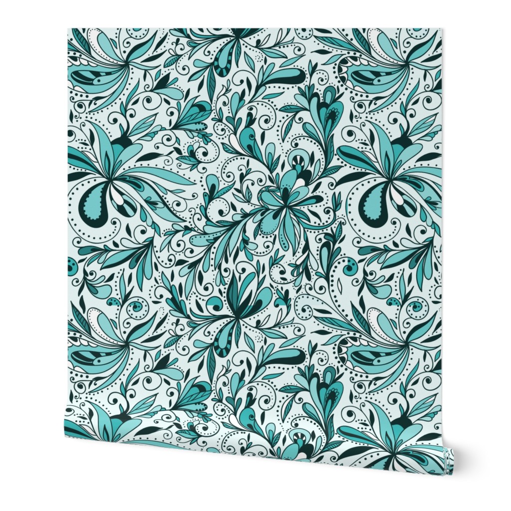 Floral Doodles Seamless Repeat Pattern in Aqua Blue