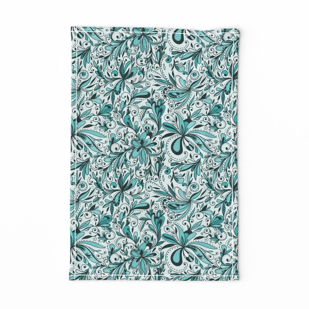 Floral Doodles Seamless Repeat Pattern in Aqua Blue