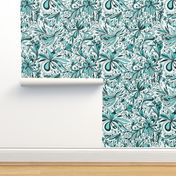 Floral Doodles Seamless Repeat Pattern in Aqua Blue