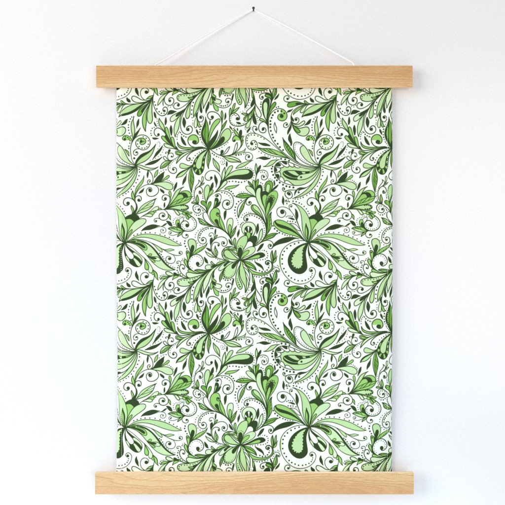 Floral Doodles Seamless Repeat Pattern in Leaf Green