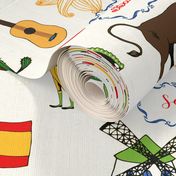 Spain Handdrawn Motifs Matador, Windmill, Bull, Maracas, Football, Flamenco Guitar on White