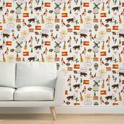 Spain Handdrawn Motifs Matador, Windmill, Bull, Maracas, Football, Flamenco Guitar on White