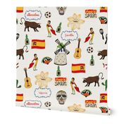 Spain Handdrawn Motifs Matador, Windmill, Bull, Maracas, Football, Flamenco Guitar on White