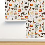 Spain Handdrawn Motifs Matador, Windmill, Bull, Maracas, Football, Flamenco Guitar on White