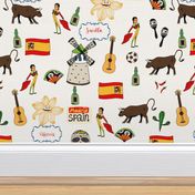 Spain Handdrawn Motifs Matador, Windmill, Bull, Maracas, Football, Flamenco Guitar on White