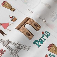 Paris France Handdrawn Motifs Eiffel Tower, Baguettes, Arc de Triomphe, Tricolor on White