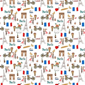 Paris France Handdrawn Motifs Eiffel Tower, Baguettes, Arc de Triomphe, Tricolor on White