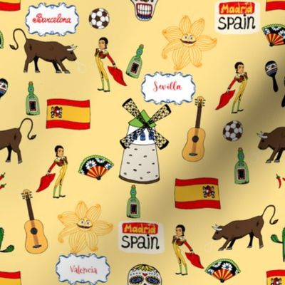 Spain Handdrawn Motifs Matador, Windmill, Bull, Maracas, Football, Flamenco Guitar on Yellow