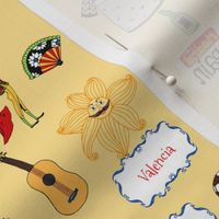 Spain Handdrawn Motifs Matador, Windmill, Bull, Maracas, Football, Flamenco Guitar on Yellow